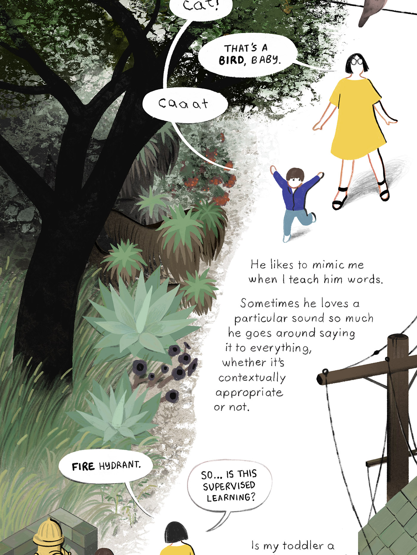 A mother and child walk along a path, looking at a pigeon and a fire hydrant.